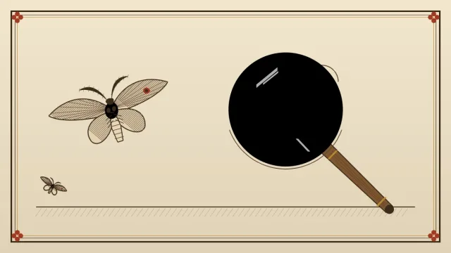 medieval-style illustration of a mischievous moth with a magnifying glass over a computer chip