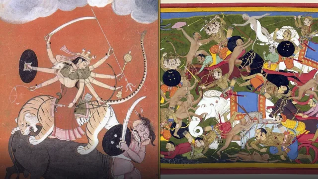 Goddess Durga riding her lion and a burning ten-headed Ravana effigy illustration for Navratri and Dussehra