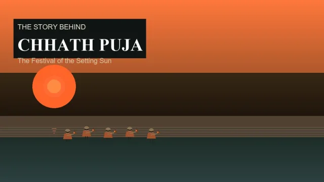 Women offering Arghya to the setting sun on a river ghat during Chhath Puja at dusk