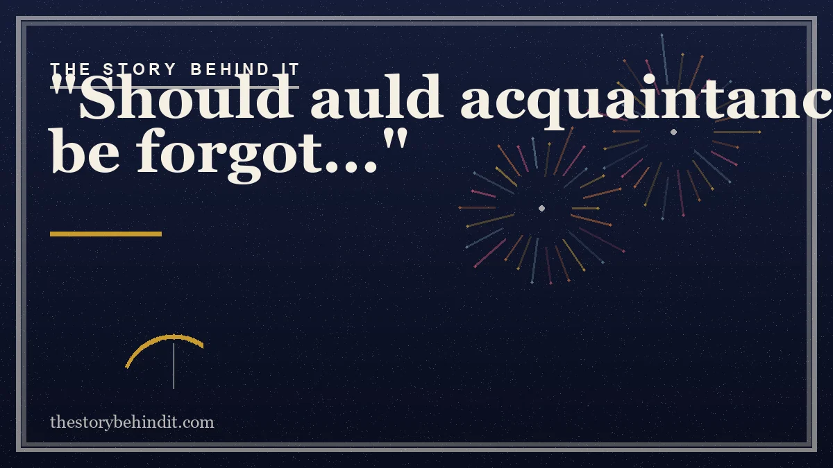 Fireworks bursting over a clock nearing midnight for the story of Auld Lang Syne